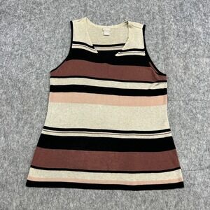 Chico's Tank Top Womens Large Black Tan Pink Striped Knit V-Neck Sleeveless